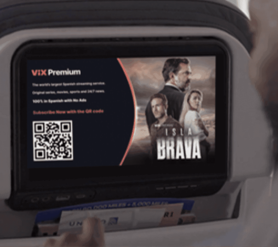 A seat back screen showing a ViX streaming service ad
