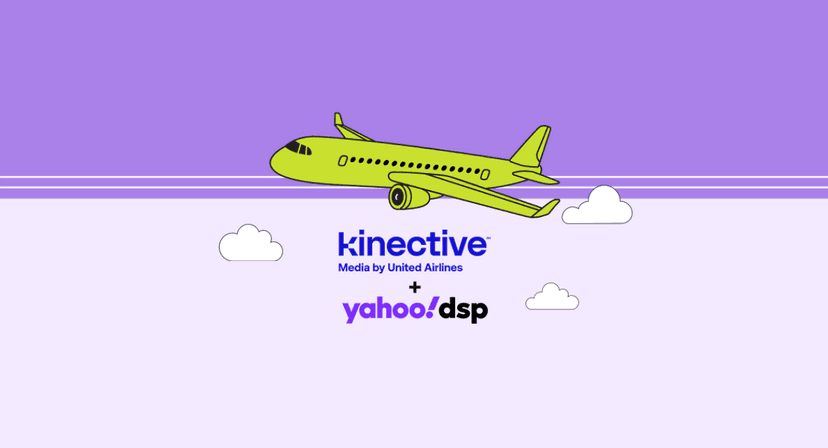an illustration of a plane with text below the plane that says Kinective Media by United Airlines + Yahoo! dsp