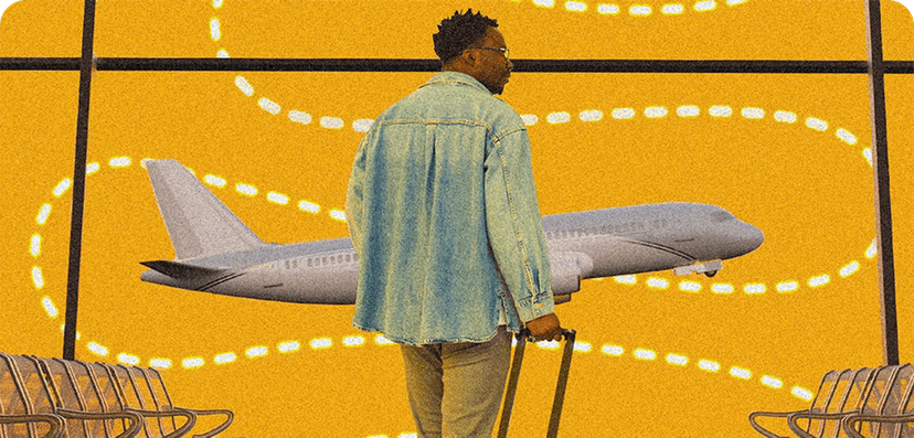 A traveler in a light blue coat stands with a rolling suitcase against a vibrant yellow background featuring airplane and travel route graphics.